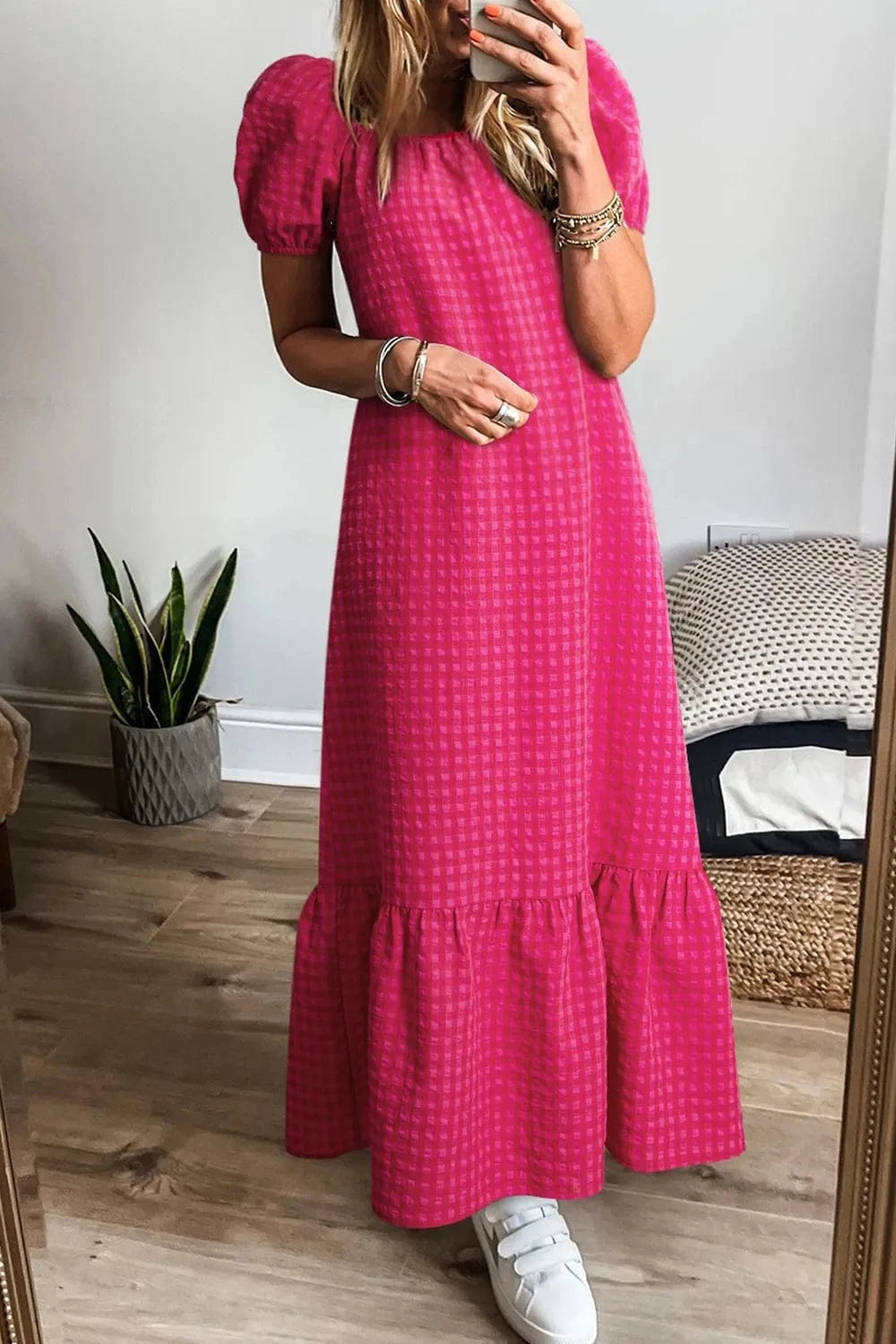SYNZ Gingham Check Bubble Sleeve Ruffled Maxi Dress - Trendsi
