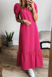 SYNZ Gingham Check Bubble Sleeve Ruffled Maxi Dress - Trendsi