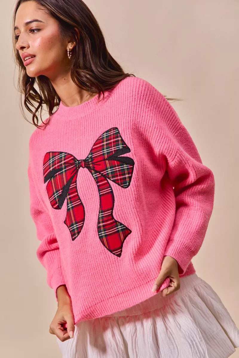 SO ME Checker Plaid Ribbon Christmas Holiday Sweater - Trendsi - Flyclothing LLC