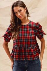 SO ME Christmas Holiday Plaid Ribbon Short Sleeves Top - Trendsi - Flyclothing LLC