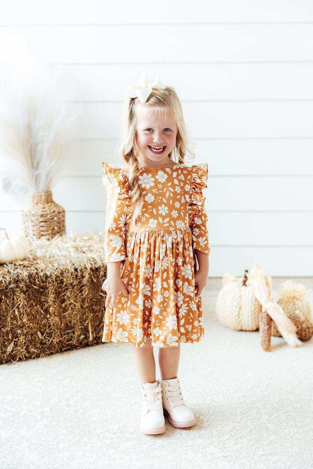 Golden Blooms 3/4 Sleeve Ruffle Twirl Dress - Mila & Rose ® - Flyclothing LLC