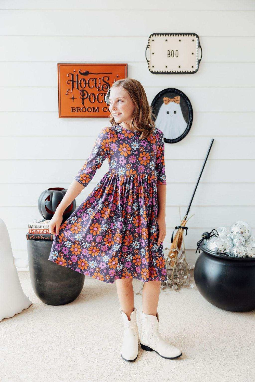 Haunted Garden 3/4 Sleeve Pocket Twirl Dress - Mila & Rose ® - Flyclothing LLC
