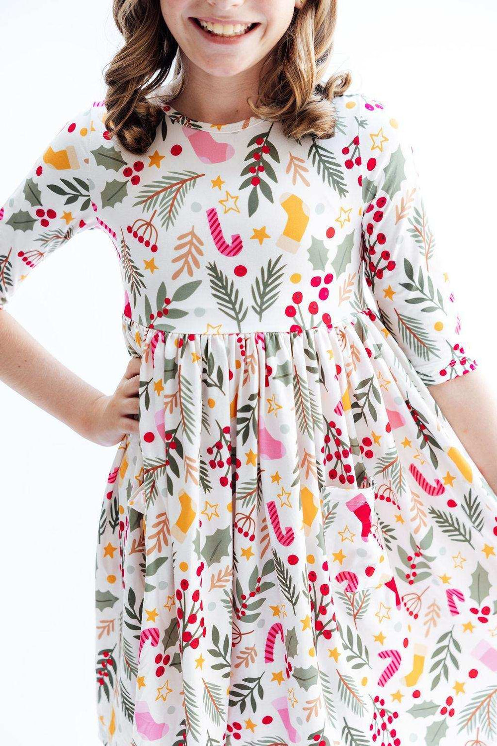 Holly Jolly Christmas 3/4 Sleeve Pocket Twirl Dress - Mila & Rose ® - Flyclothing LLC