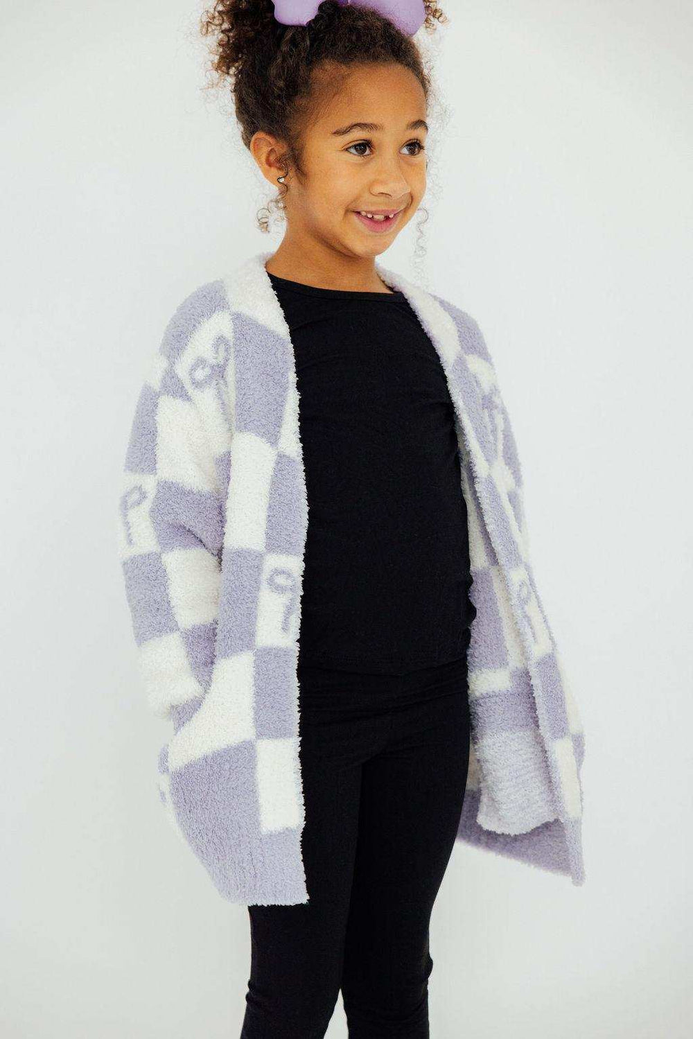 Lavender Checker Bow Cozy Cardigan - Mila & Rose ® - Flyclothing LLC