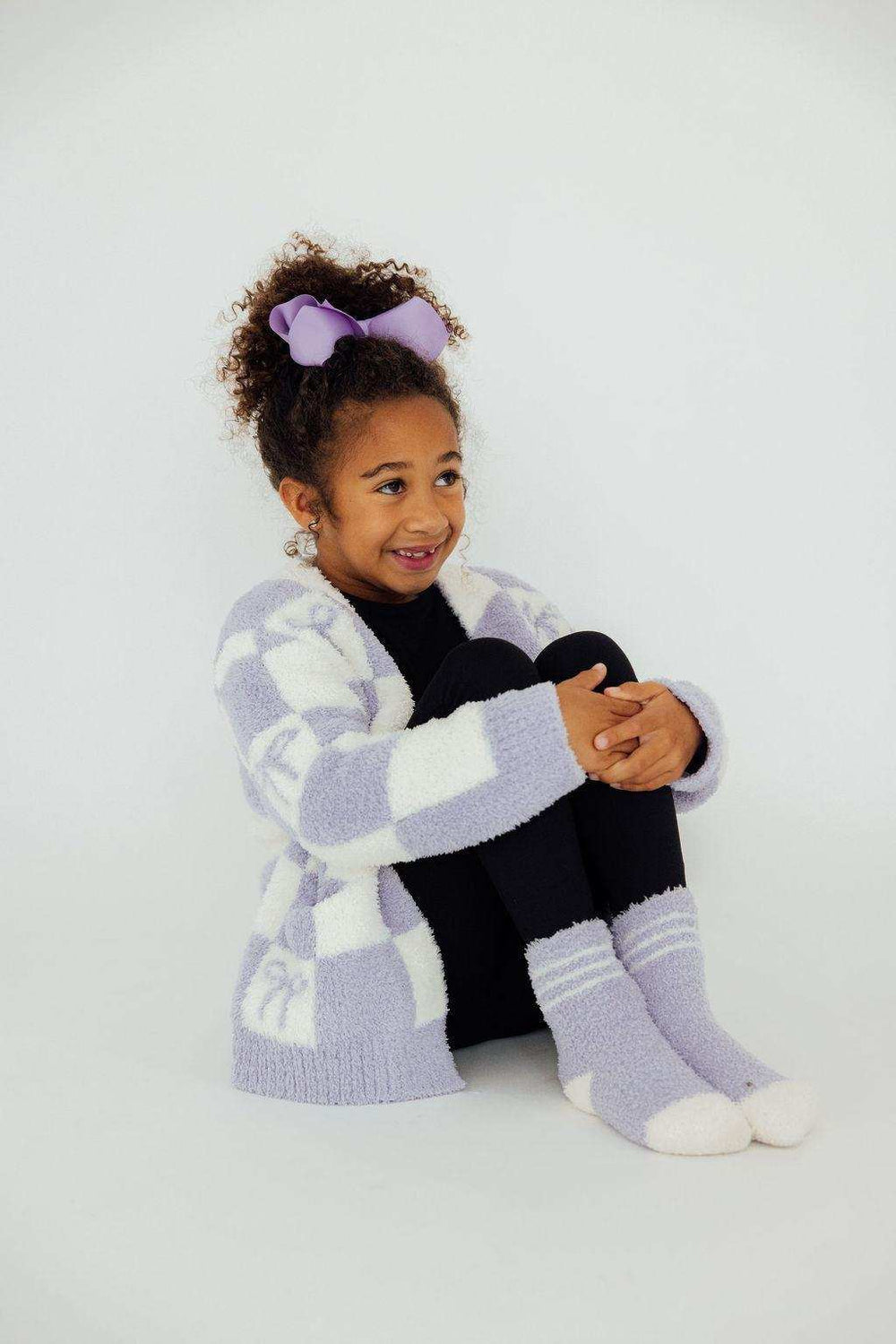 Lavender Checker Bow Cozy Cardigan - Mila & Rose ® - Flyclothing LLC