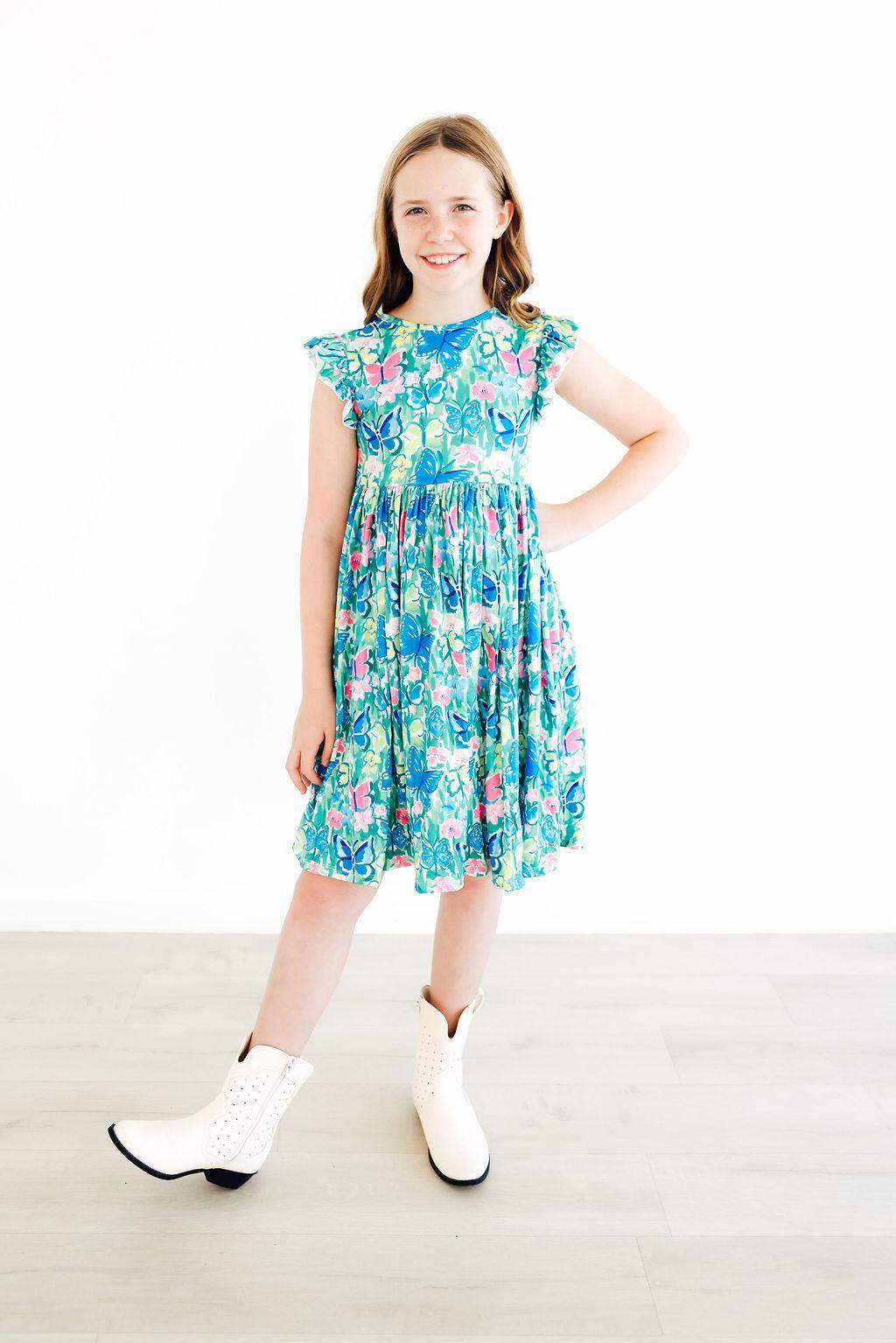 Watercolor Butterflies Flutter Sleeve Twirl Dress - Mila & Rose ® - Flyclothing LLC