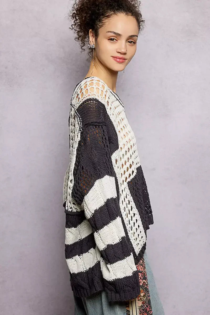POL Color-Blocked Stripe Pattern Knit Top with Twisted Weave - Trendsi - Flyclothing LLC