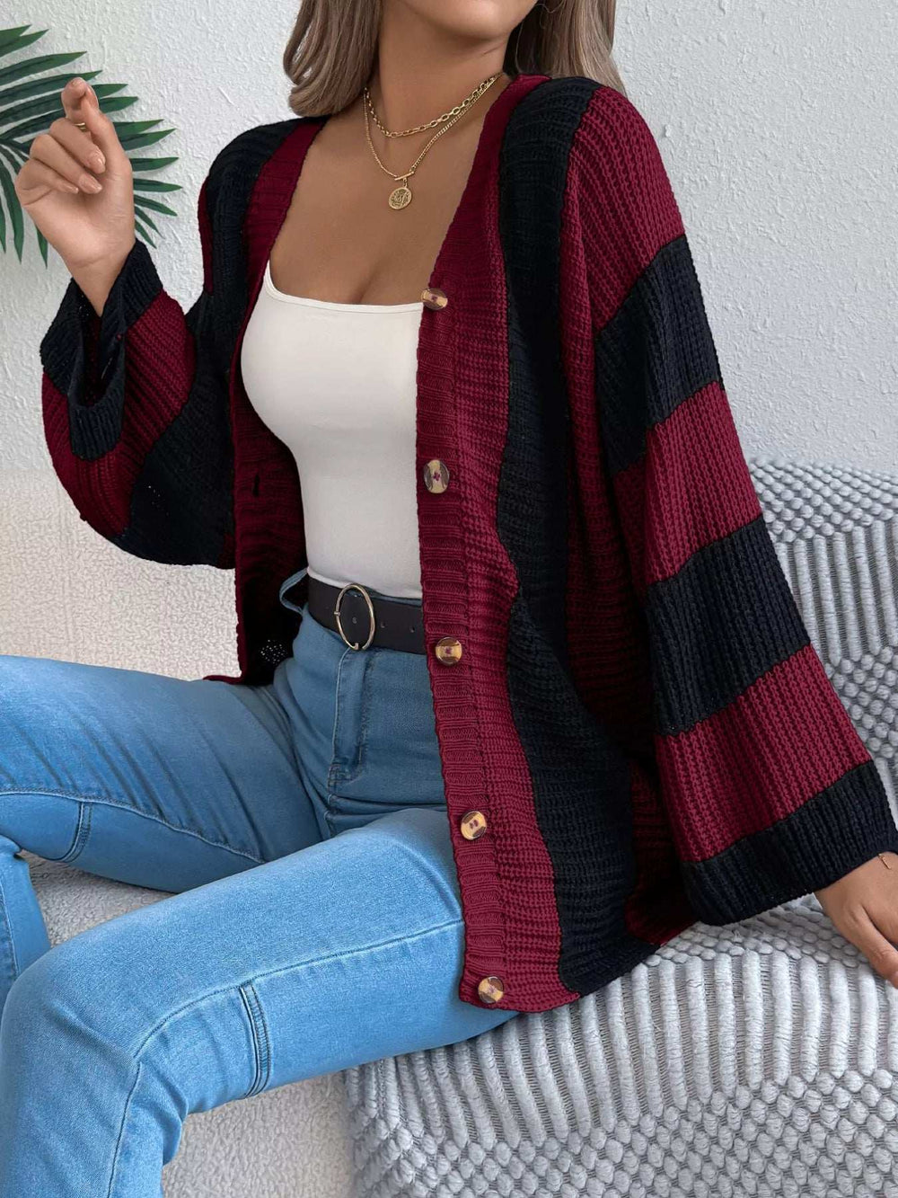 Color Block Button-Up Cardigan - Trendsi - Flyclothing LLC
