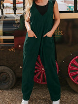 Corduroy V Neck Patched Pocket Sleeveless Jumpsuit - Trendsi - Flyclothing LLC
