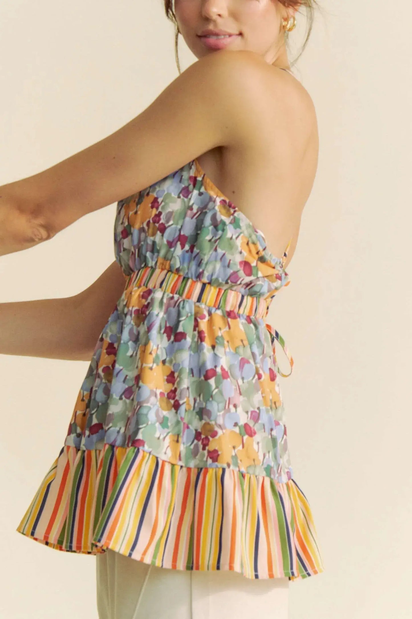 Davi & Dani Floral Smocked Sleeveless Ruffle Back Tie Top - Trendsi - Flyclothing LLC