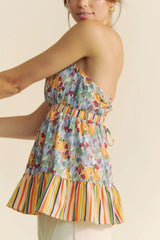 Davi & Dani Floral Smocked Sleeveless Ruffle Back Tie Top - Trendsi - Flyclothing LLC