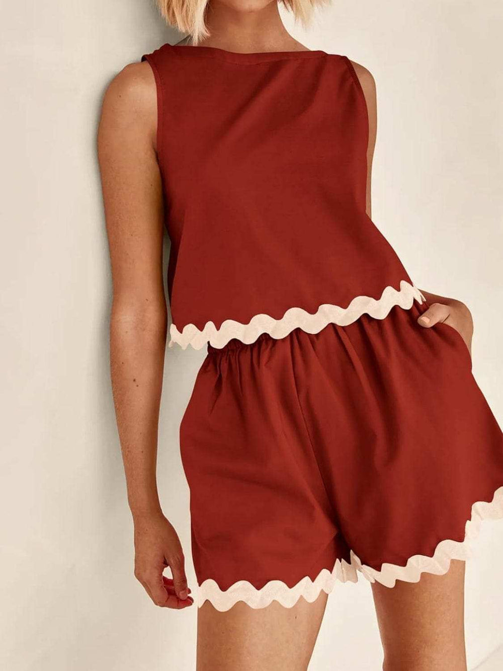 Contrast Trim Sleeveless Top and Shorts Set - Trendsi - Flyclothing LLC