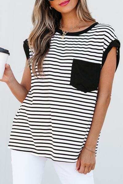 Striped Round Neck Cap Sleeve Top - Trendsi - Flyclothing LLC