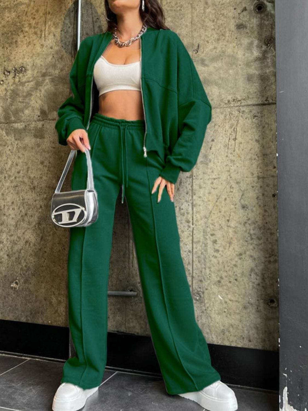 Baseball Collar Zip Up Top and Drawstring Paants Set - Trendsi - Flyclothing LLC