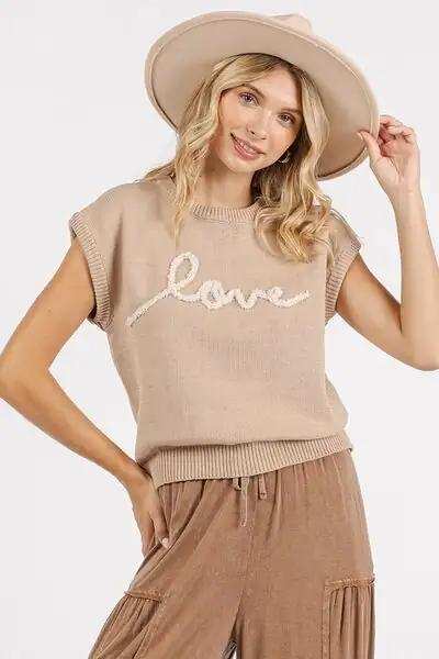 Mittoshop Contrast Letter Round Neck Cap Sleeve Knit Top - Trendsi - Flyclothing LLC