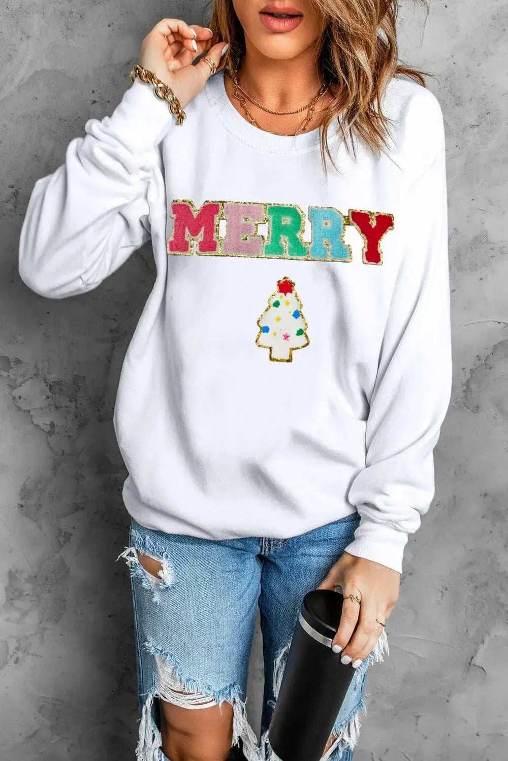 MERRY Round Neck Long Sleeve Sweatshirt - Trendsi - Flyclothing LLC