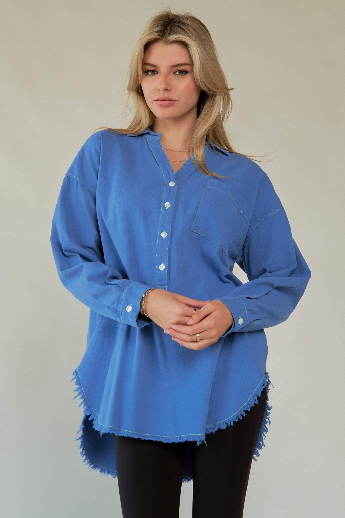 Davi & Dani Letter Back Raw Hem Half Button Shirt - Trendsi - Flyclothing LLC