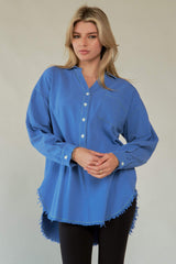 Davi & Dani Letter Back Raw Hem Half Button Shirt - Trendsi - Flyclothing LLC