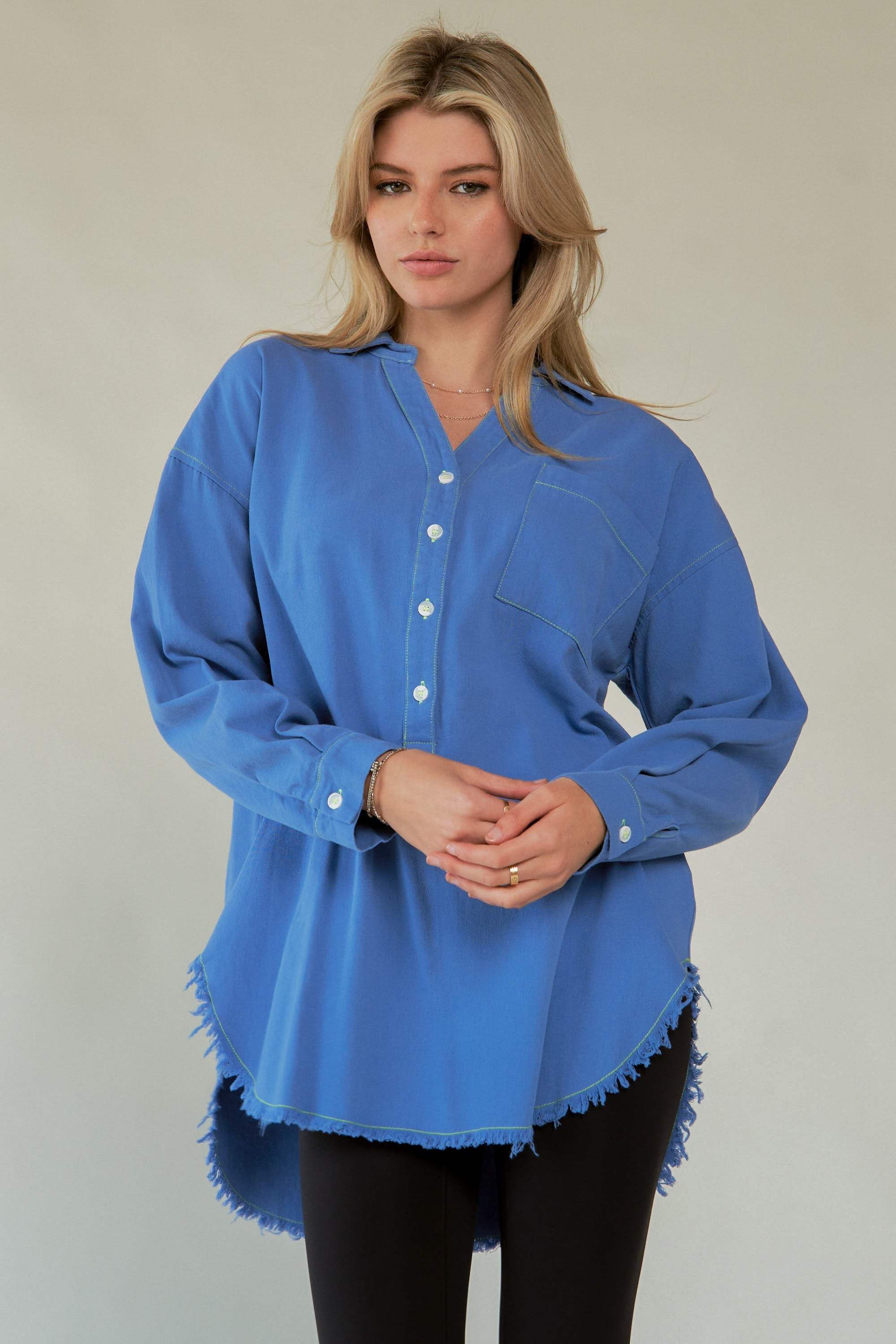 Davi & Dani Letter Back Raw Hem Half Button Shirt - Trendsi - Flyclothing LLC