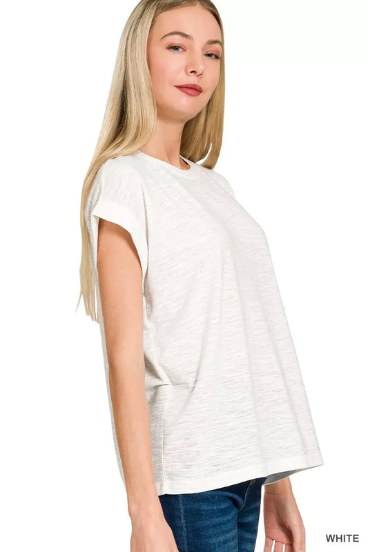 Zenana Slub Cuffed Sleeve Tee - Trendsi - Flyclothing LLC