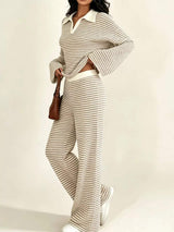 Striped Long Sleeve Polo and Wide-Leg Pants Set - Trendsi - Flyclothing LLC