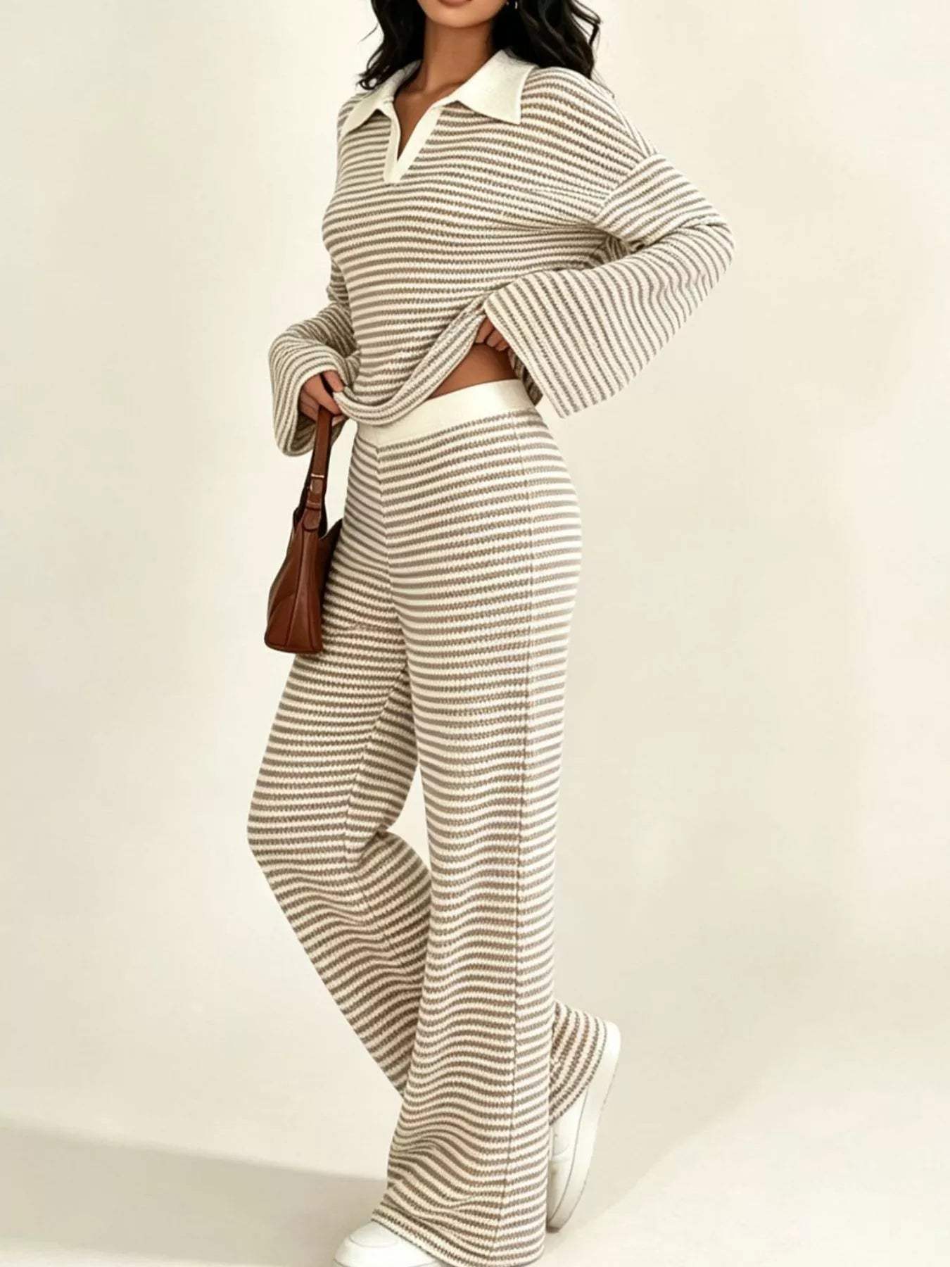 Striped Long Sleeve Polo and Wide-Leg Pants Set - Trendsi - Flyclothing LLC