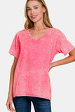 Zenana Full Size Washed Short Sleeve V-Neck T-Shirt - Trendsi