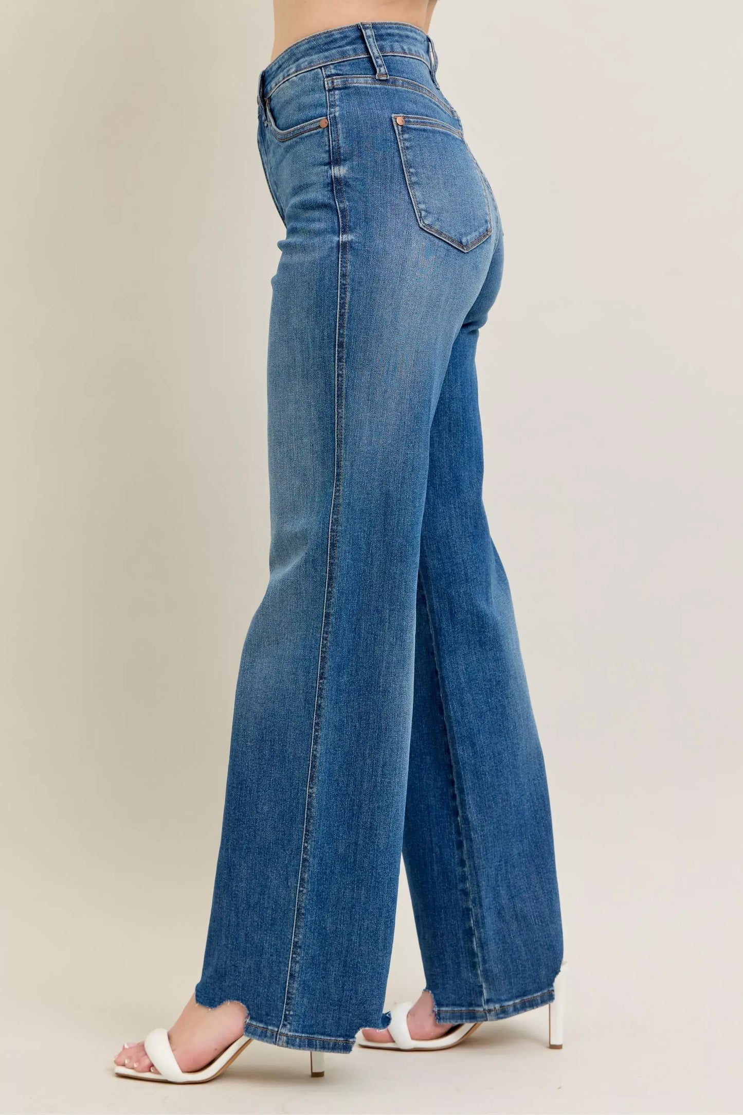 Judy Blue Full Size High Waist Tummy Control Chew Hem Destroy Wide Jeans Plus Size - Trendsi - Flyclothing LLC