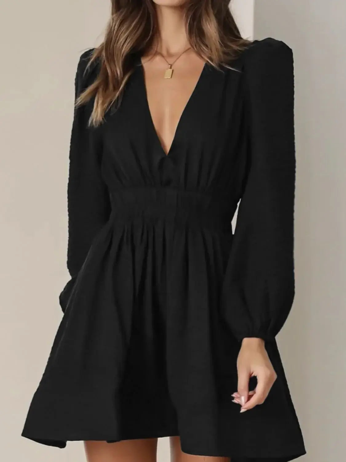 Ruched V-Neck Balloon Sleeve Mini Dress - Trendsi - Flyclothing LLC