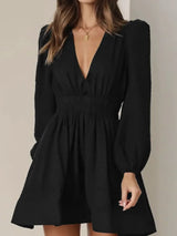 Ruched V-Neck Balloon Sleeve Mini Dress - Trendsi - Flyclothing LLC