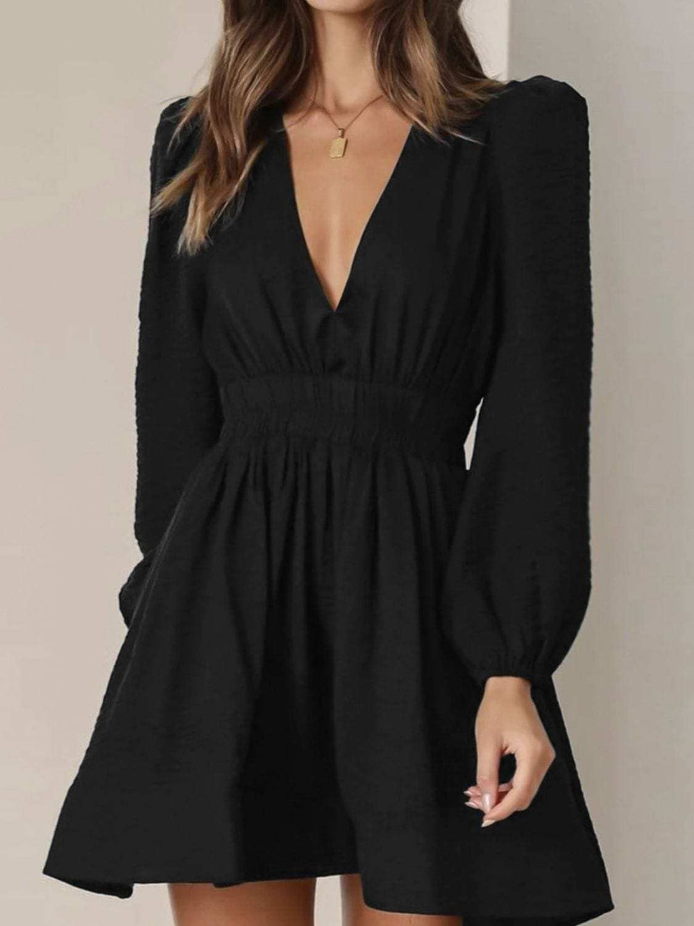 Ruched V-Neck Balloon Sleeve Mini Dress - Trendsi - Flyclothing LLC