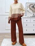 Devine Slit Striped Round Neck Top and Pants Sweater Set - Trendsi - Flyclothing LLC