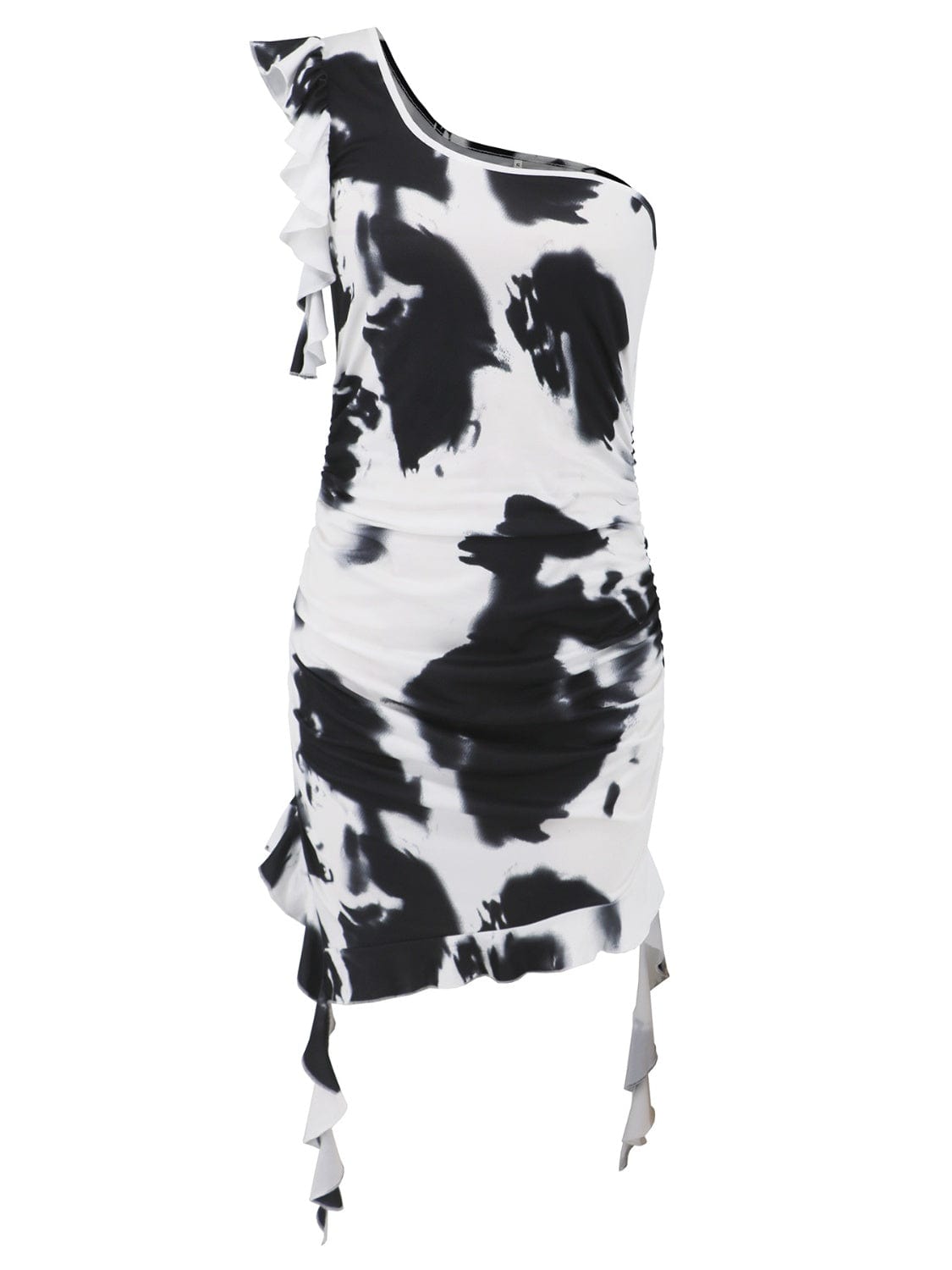 Ruffled Tie-Dye Single Shoulder Mini Dress - Trendsi