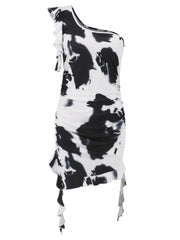Ruffled Tie-Dye Single Shoulder Mini Dress - Trendsi
