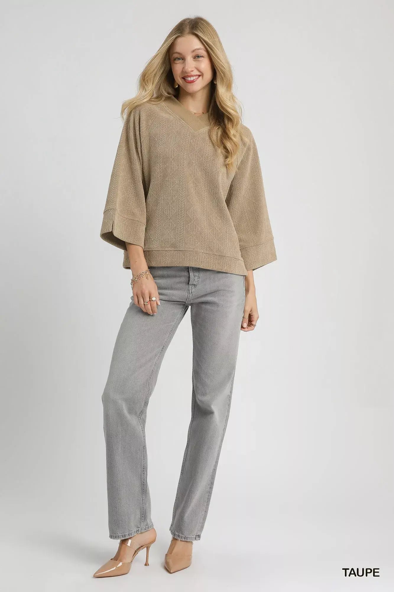 Umgee Textured Knit V-Neck Top - Trendsi - Flyclothing LLC