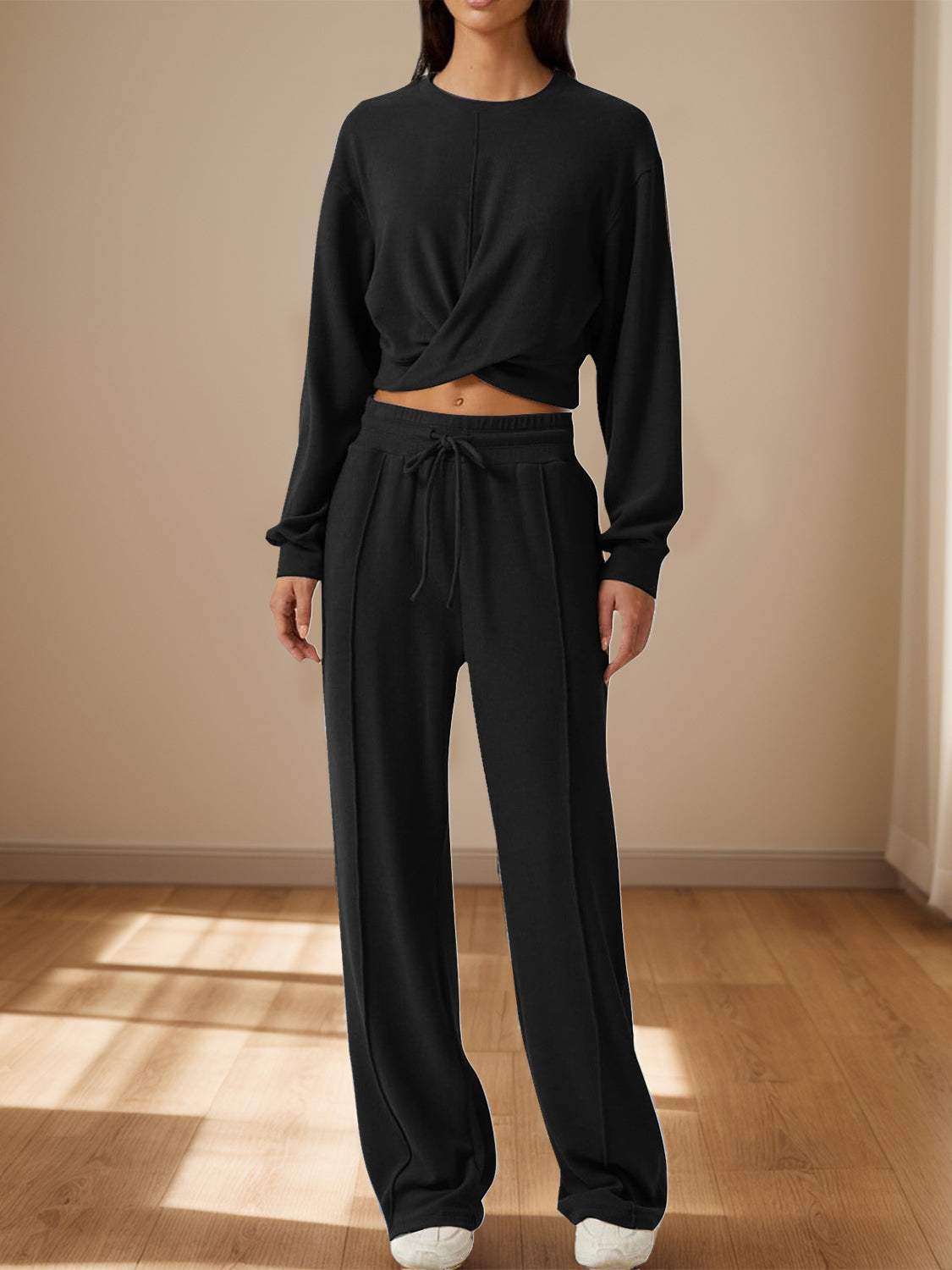 Crisscross Round Neck Top and Drawstring Pants Set - Trendsi - Flyclothing LLC