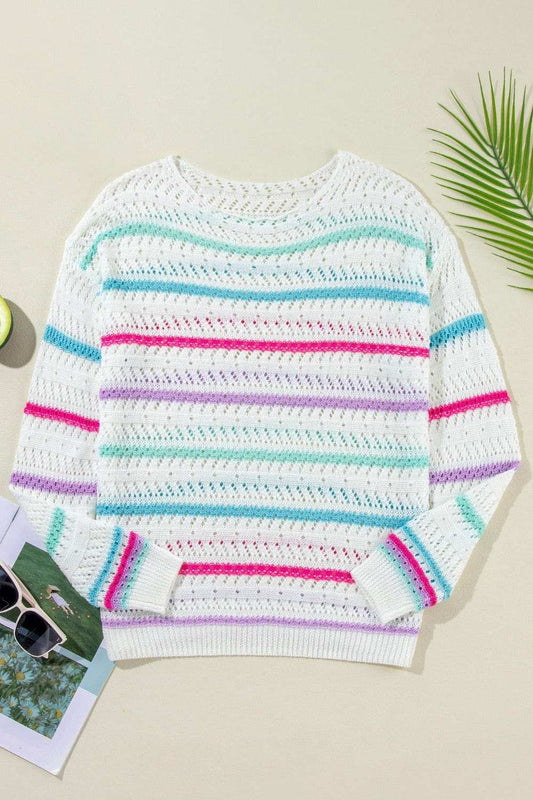 Openwork Striped Long Sleeve Knit Cover Up - Trendsi - Flyclothing LLC