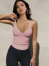 Ribbed V-Neck Halter Tank Top - Trendsi - Flyclothing LLC