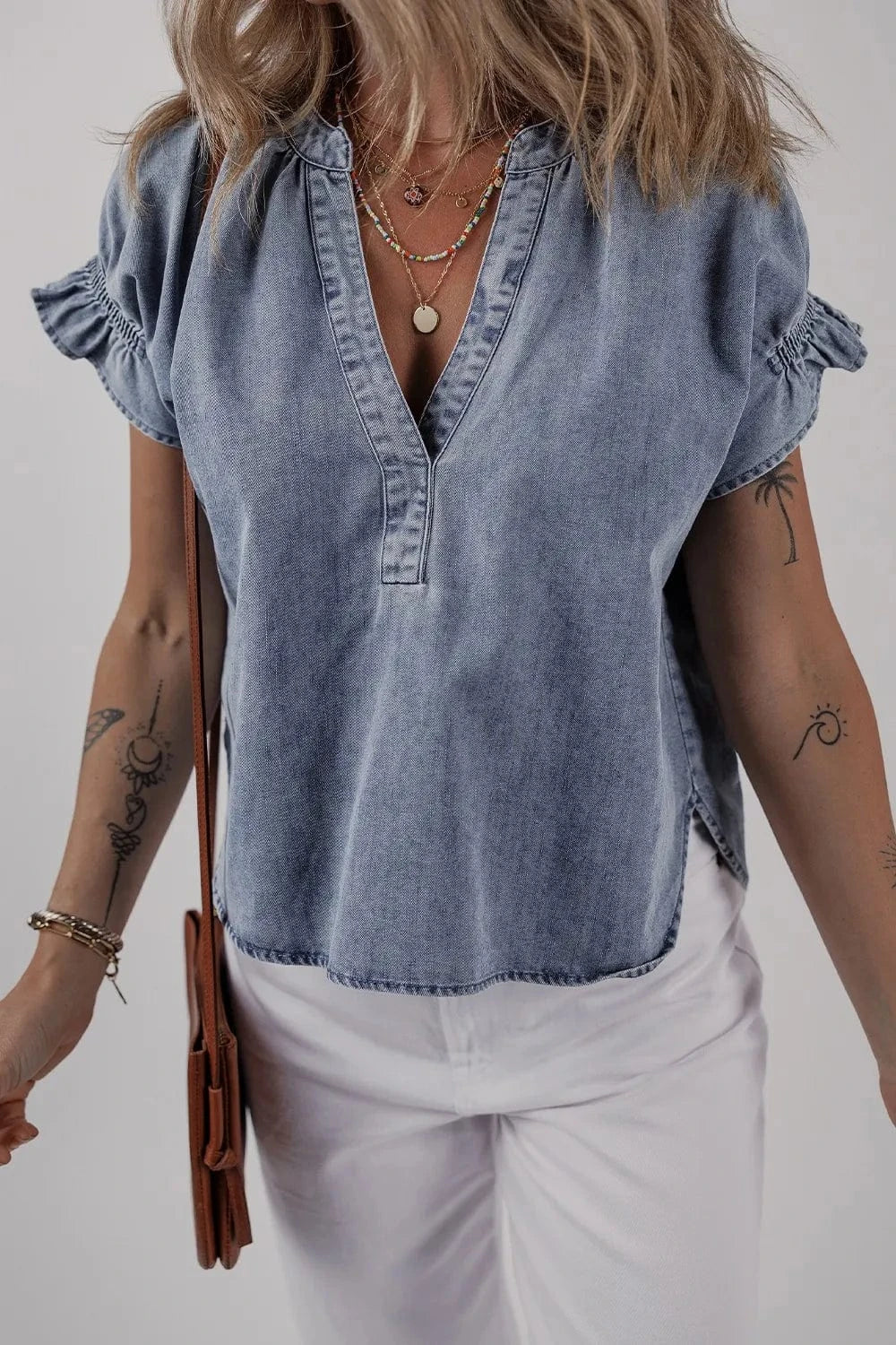 V Neck Ruffled Short Puff Sleeve Denim Top - Trendsi