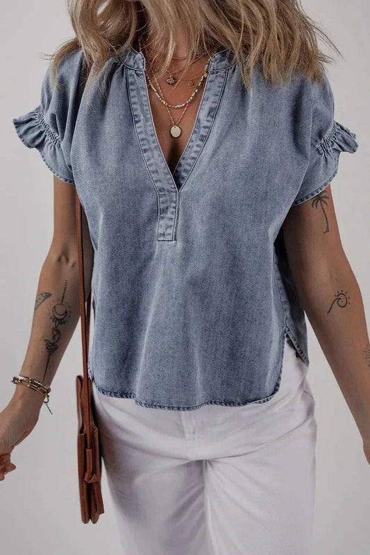 V Neck Ruffled Short Puff Sleeve Denim Top - Trendsi - Flyclothing LLC