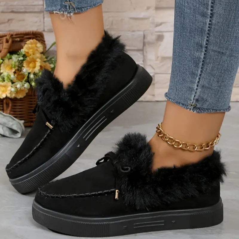 Bow Furry Round Toe Flat Slip-Ons - Trendsi - Flyclothing LLC