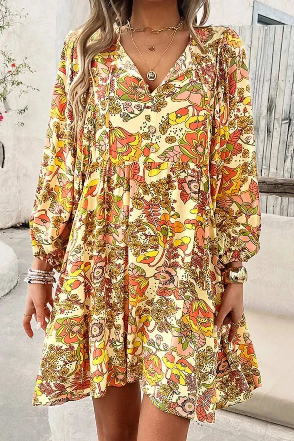 Printed Tie Neck Balloon Sleeve Mini Dress - Trendsi - Flyclothing LLC