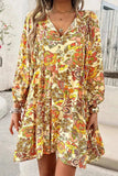 Printed Tie Neck Balloon Sleeve Mini Dress - Trendsi - Flyclothing LLC