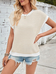 Lovelet Striped Round Neck Cap Sleeve Sweater - Trendsi
