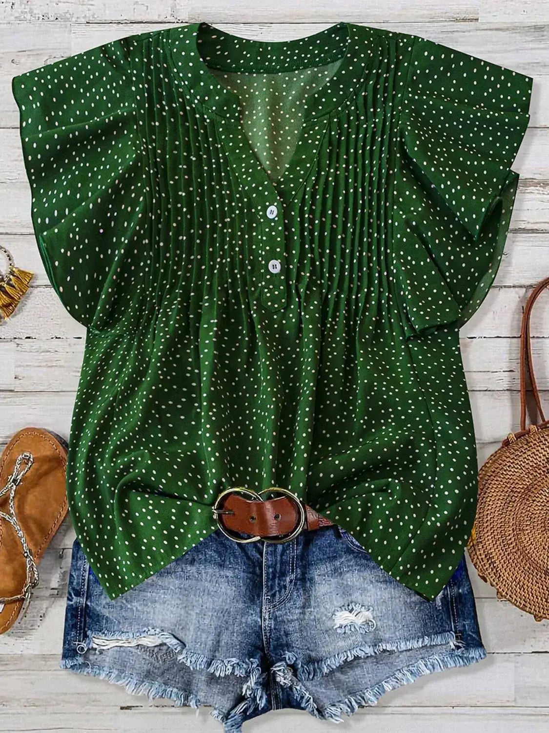 Polka Dot Notched Ruffled Cap Sleeve Blouse - Trendsi - Flyclothing LLC