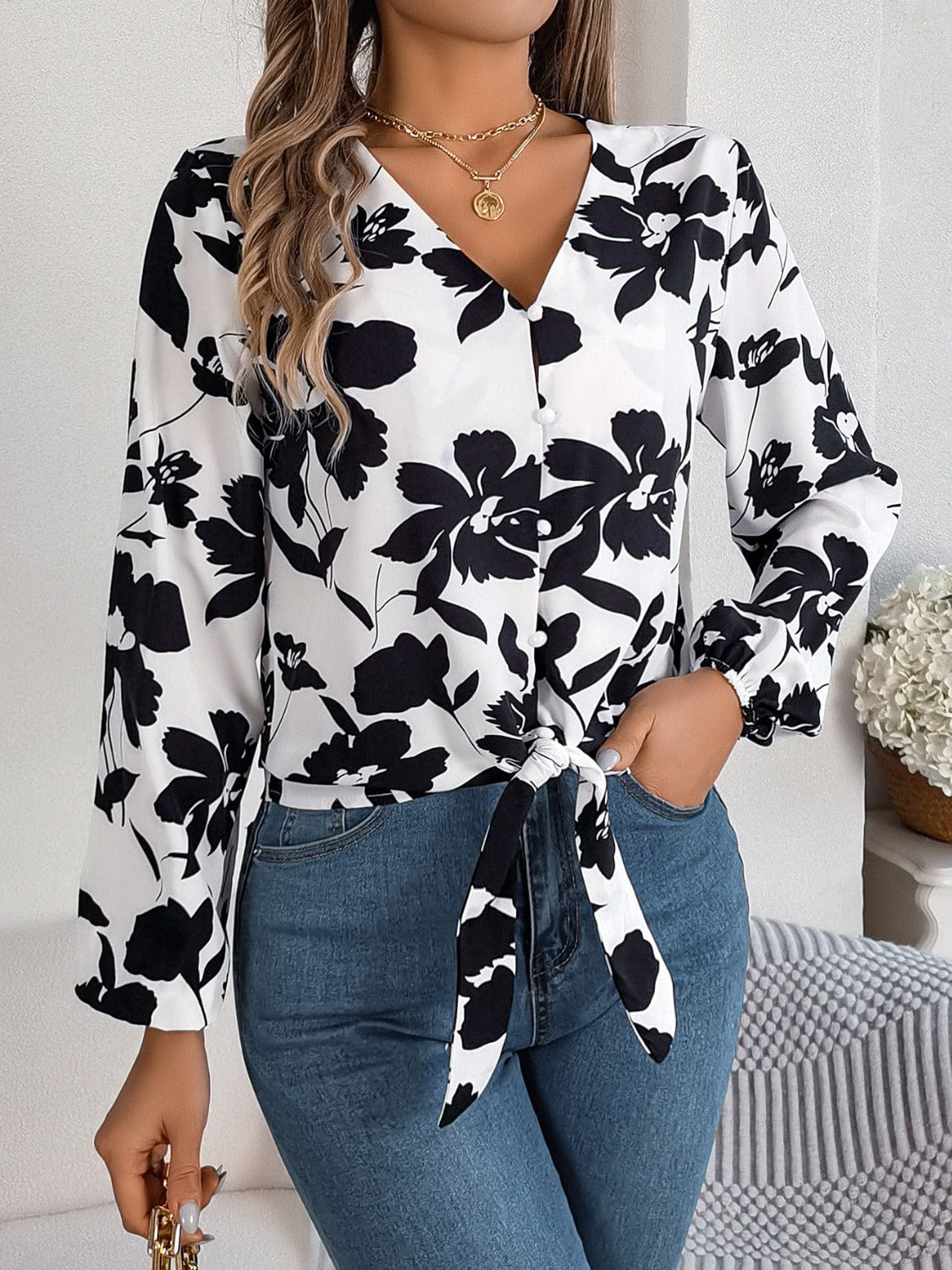 Printed V-Neck Long Sleeve Blouse - Trendsi