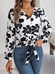 Printed V-Neck Long Sleeve Blouse - Trendsi