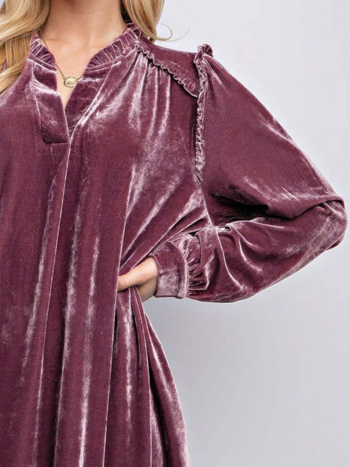 Frill Notched Long Sleeve Dress with Pockets - Trendsi - Flyclothing LLC