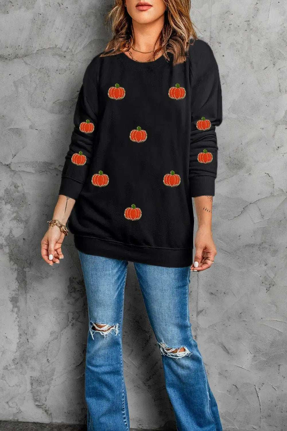 Pumpkin Round Neck Long Sleeve Sweatshirt - Trendsi - Flyclothing LLC