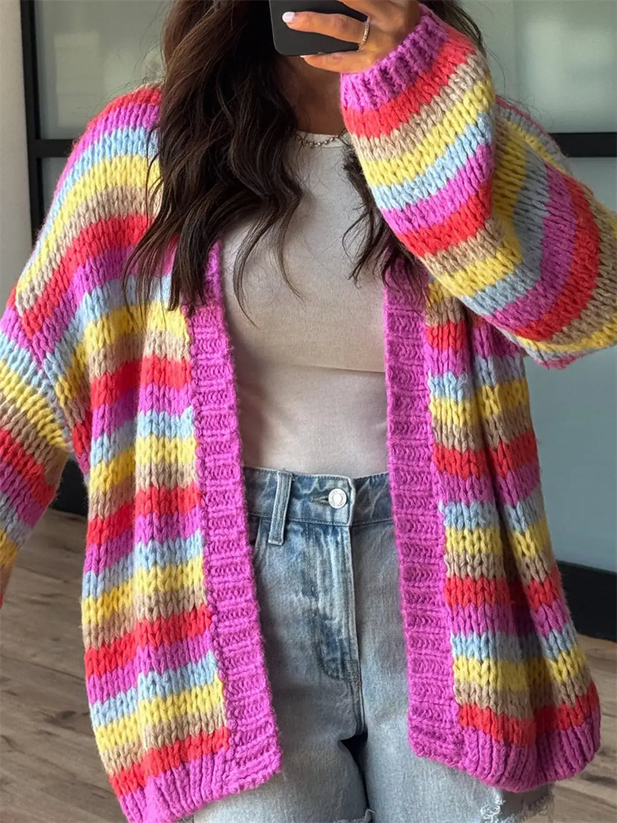 Multi-Color Striped Chunky Knit Open-Front Cardigan - Trendsi - Flyclothing LLC